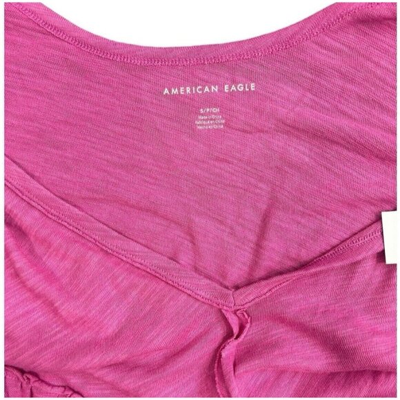 American Eagle Women's Oversized V-Neck Tee Magenta Tie Back Raw Seams S - Picture 5 of 12